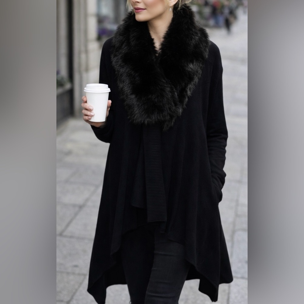 Sioni Flowy Draped Cardigan Detachable Faux Fur Collar size M Black